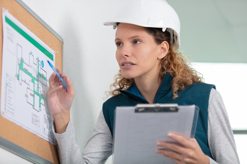 Eine Frau mit Helm überprüft einen Gebäudeplan